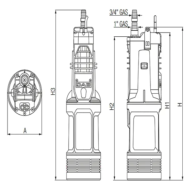 Dab 0.7HP Submersible Multi-Impeller Pump DIVERTRON 900 Dimensions