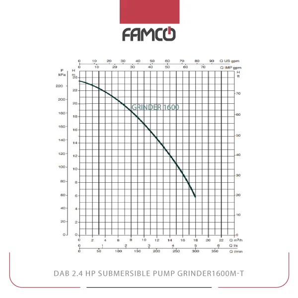 Dab 2.4 HP Submersible Pump GRINDER1600M-T Performance Curve