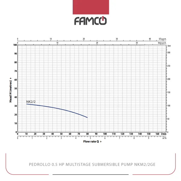 Pedrollo 0.5HP Multistage Submersible Pump NKm2/2GE Performance Curve