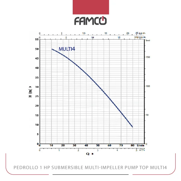 Pedrollo 1 HP Submersible Multi-Impeller Pump TOP MULTI4 Performance Curves