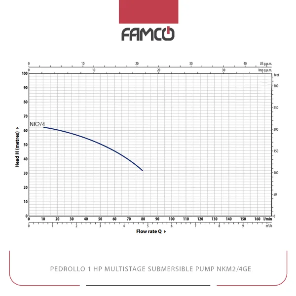Pedrollo 1HP Multistage Submersible Pump NKm2/4GE Performance Curve