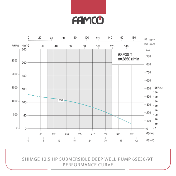 Shimge 12.5 HP Submersible Deep Well Pump 6SE30/9T Performance Curve