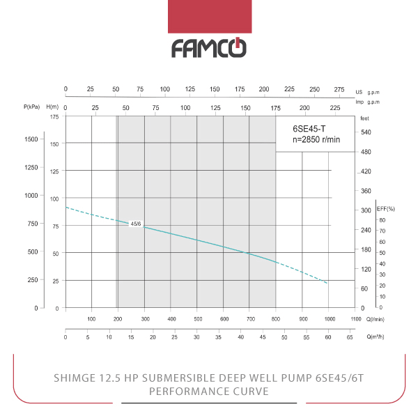 Shimge 12.5 HP Submersible Deep Well Pump 6SE45/6T Performance Curve