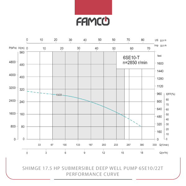 Shimge 17.5 HP Submersible Deep Well Pump 6SE10/22T Performance Curve