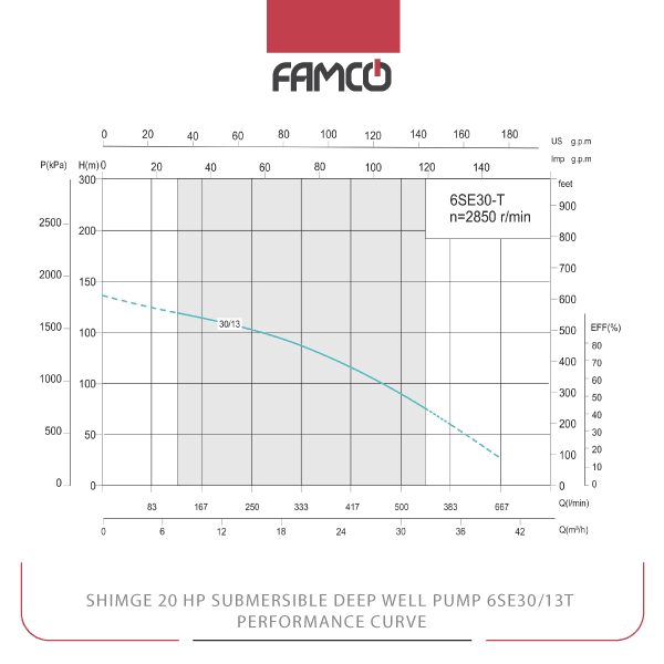 Shimge 20 HP Submersible Deep Well Pump 6SE30/13T Performance Curve