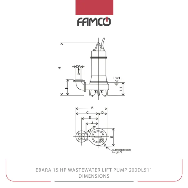 Ebara 15 HP Wastewater Lift Pump 200DL511 Dimensions