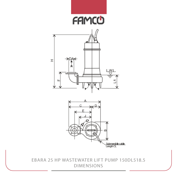 Ebara 25 HP Wastewater Lift Pump 150DL518.5 Dimensions