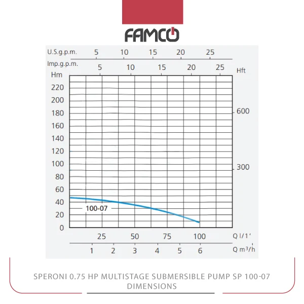 Speroni 0.75 HP Multistage Submersible Pump SP 100-07 Performance Curve