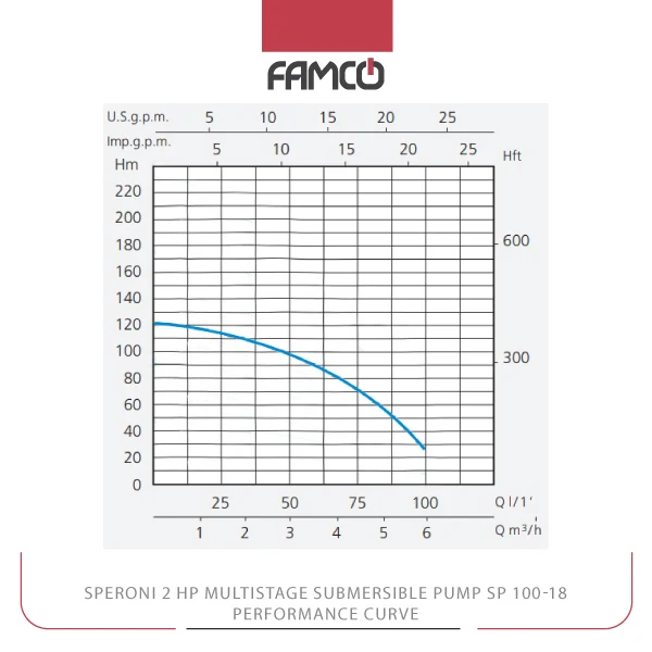 Speroni 2 HP Multistage Submersible Pump SP 100-18 Performance Curve