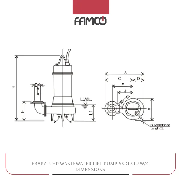 Ebara 2 HP Wastewater Lift Pump 65DL51.5W/C Dimensions