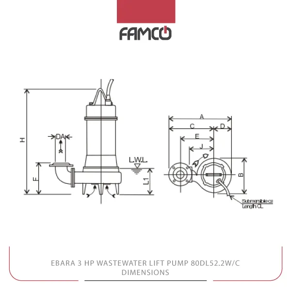 Ebara 3 HP Wastewater Lift Pump 80DL52.2W/C Dimensions