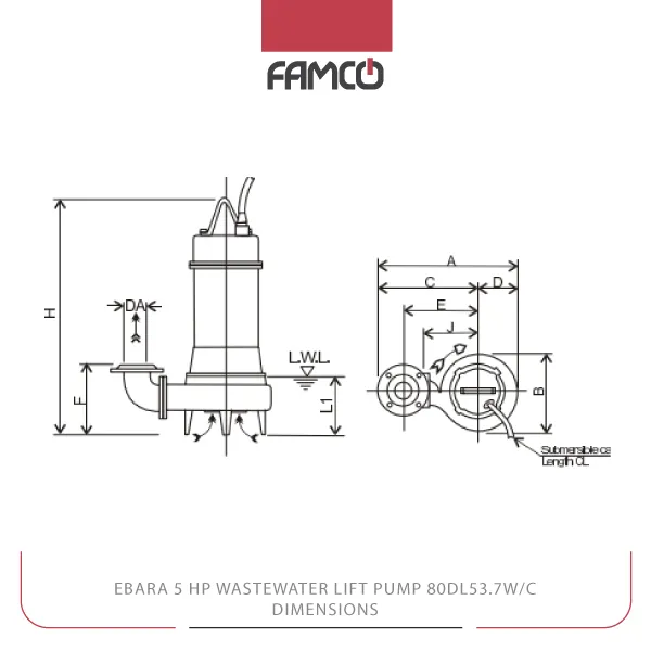 Ebara 5 HP Wastewater Lift Pump 80DL53.7W/C Dimensions