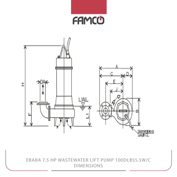 Ebara 7.5 HP Wastewater Lift Pump 100DLB55.5W/C Dimensions