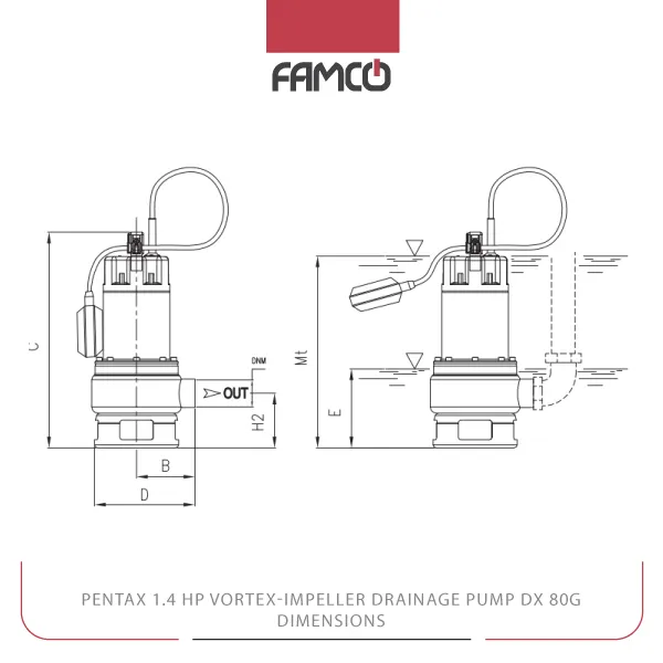 Pentax 1.4 HP Vortex-Impeller Drainage Pump DX 80G Dimensions