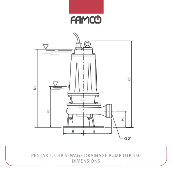 Pentax 1.5 HP Sewage Drainage Pump DTR 150 Dimensions