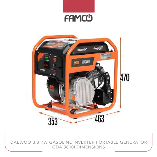 Daewoo 3.8 kW Gasoline Inverter Portable Generator GDA 3800i Dimensions