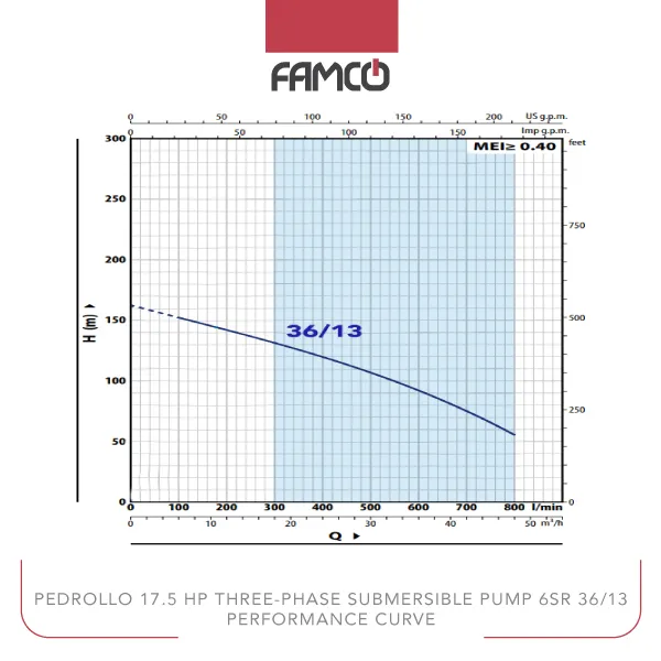 Pedrollo 17.5 HP Three-phase Submersible Pump 6SR 36/13 Performance Curve
