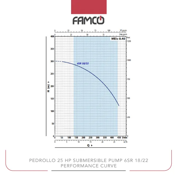 Pedrollo 25 HP Submersible Pump 6SR 18/22 Performance Curve
