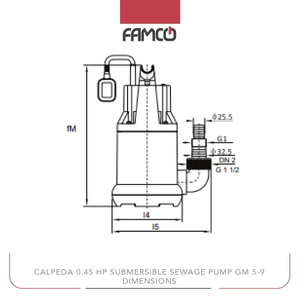Calpeda 0.45 HP Submersible Sewage Pump GM 5-9 Dimensions