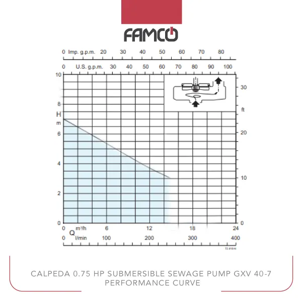 Calpeda 0.75 HP Submersible Sewage Pump GXV 40-7 Performance Curve