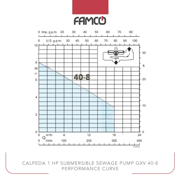 Calpeda 1 HP Submersible Sewage Pump GXV 40-8 Performance Curve