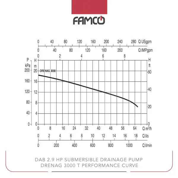 Dab 2.9 HP Submersible Drainage Pump DRENAG 3000T Performance Curve