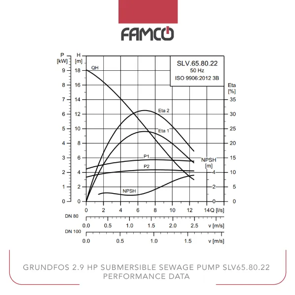 Grundfos 2.9 HP Submersible Sewage Pump SLV.65.80.22 Performance Data