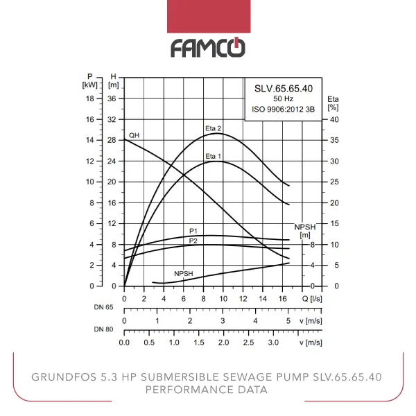 Grundfos 5.3 HP Submersible Sewage Pump SLV.65.65.40 Performance Data