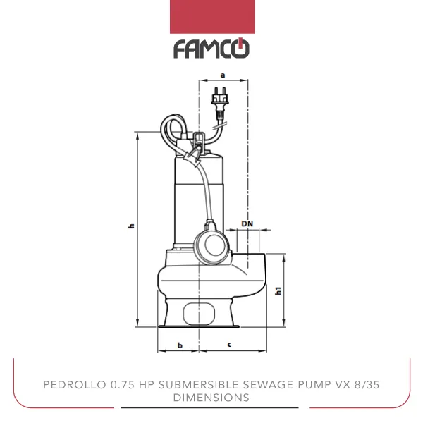 Pedrollo 0.75 HP Submersible Sewage Pump VX 8/35 Dimensions