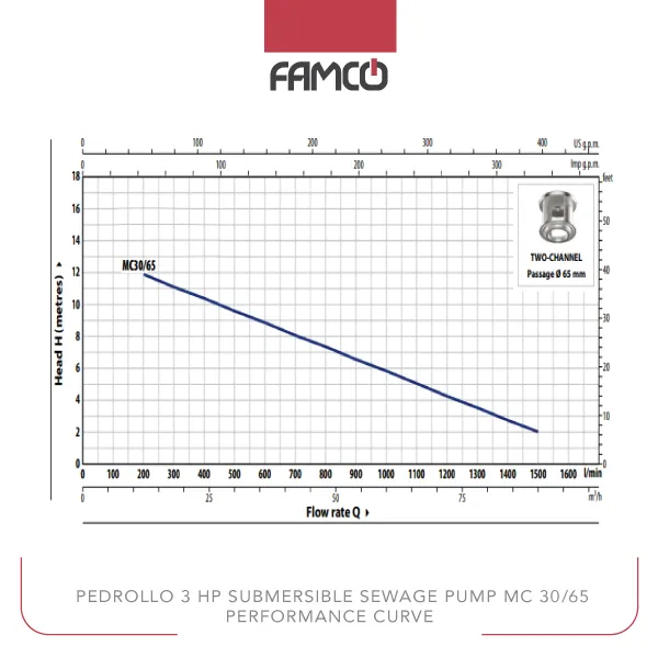 Pedrollo 3 HP Submersible Sewage Pump MC 30/65 Performance Curve
