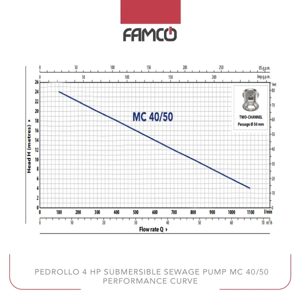 Pedrollo 4 HP Submersible Sewage Pump MC 40/50 Performance Curve