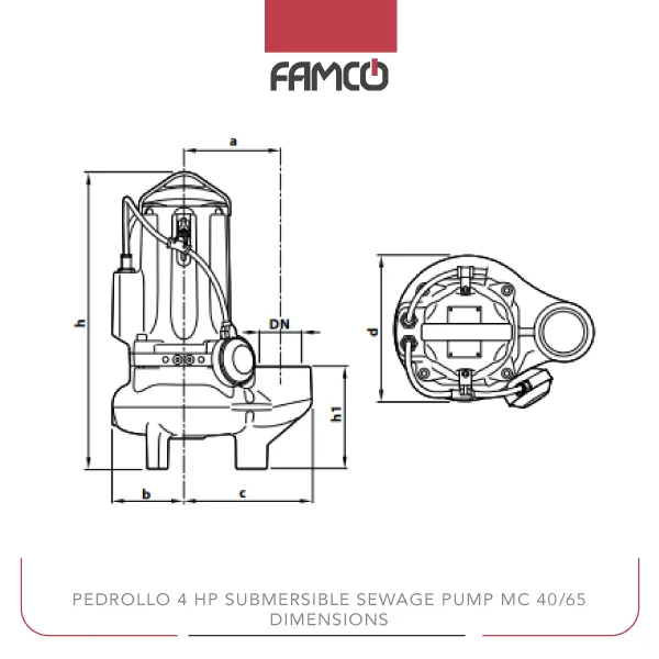 Pedrollo 4 HP Submersible Sewage Pump MC 40/65 Dimensions