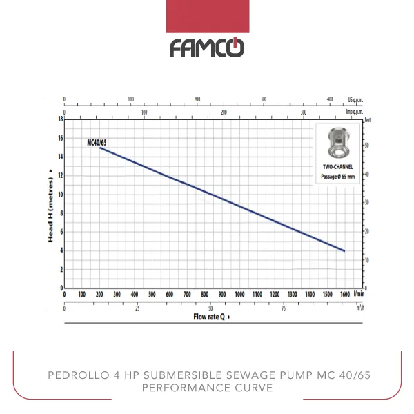 Pedrollo 4 HP Submersible Sewage Pump MC 40/65 Performance Curve