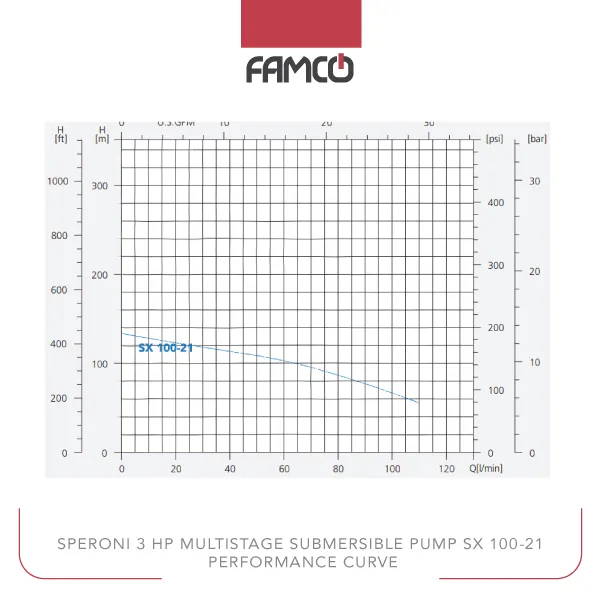 Speroni 3 HP Multistage Submersible Pump SX 100-21 Performance Curve