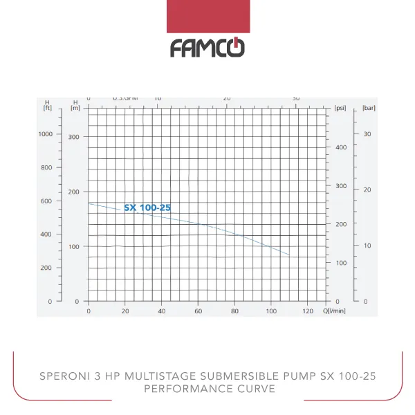 Speroni 3 HP Multistage Submersible Pump SX 100-25 Performance Curve