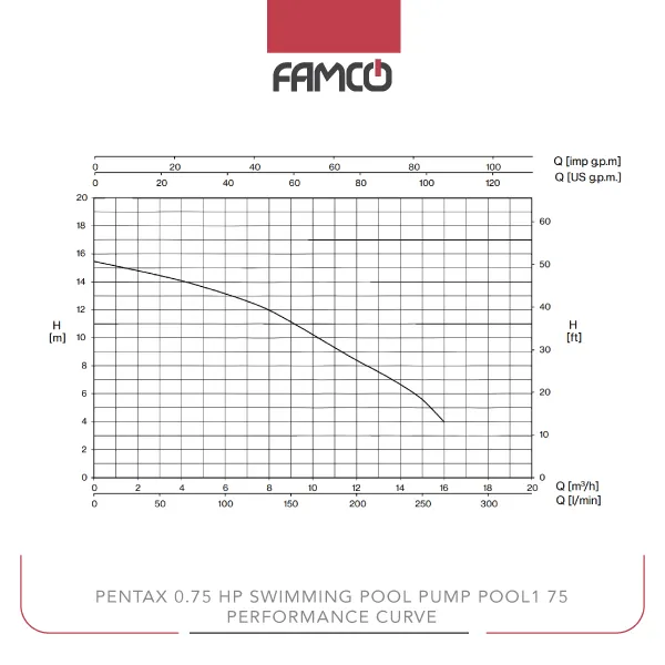 Pentax 0.75 HP Swimming Pool Pump POOL1 75 Performance Curve